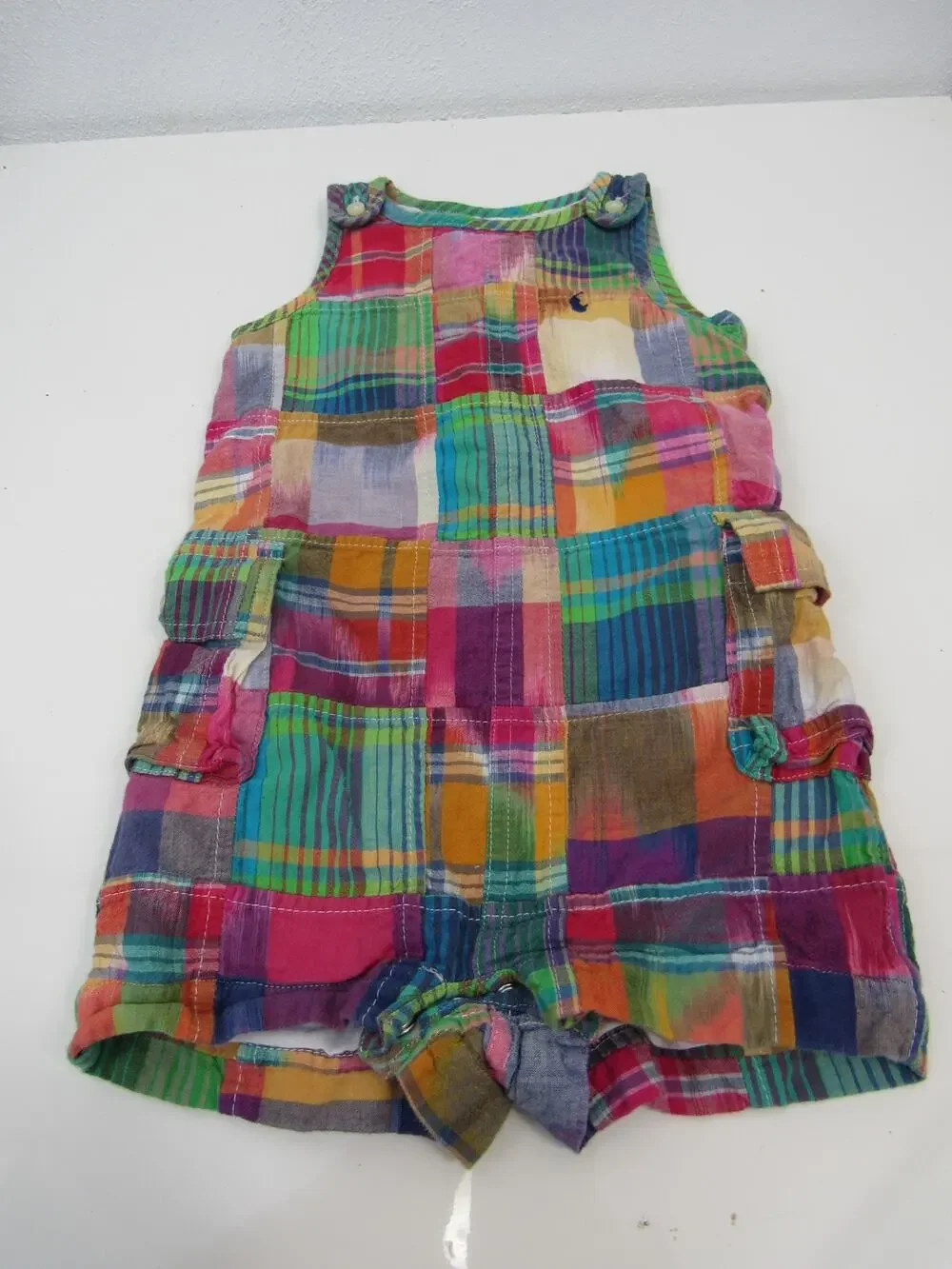 Ralph Lauren 9M Baby Boy Cotton Madras Overall Patchwork Unisex Bibs Rainbow